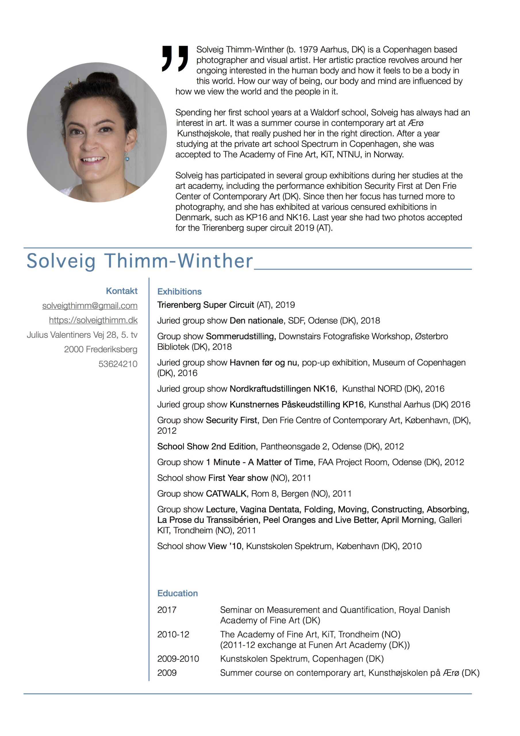 Artist CV, Solveig Thimm-Winther